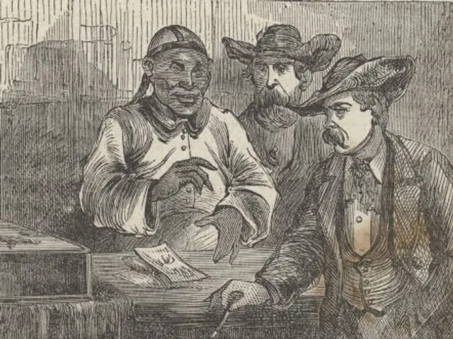 The image shows a black and white drawing of three men wearing hats standing around a table with...