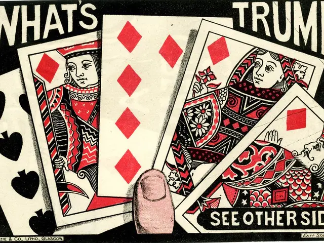 The image shows a person's finger holding a deck of playing cards with the words "What's Trump? See...