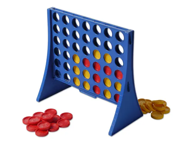 The image shows a 4 in a row game with red and yellow coins on a white background. The game board...