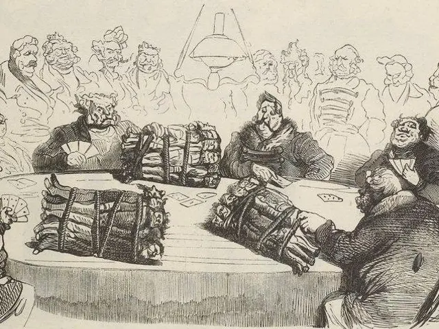 The image shows a black and white drawing of a group of people sitting around a table playing...