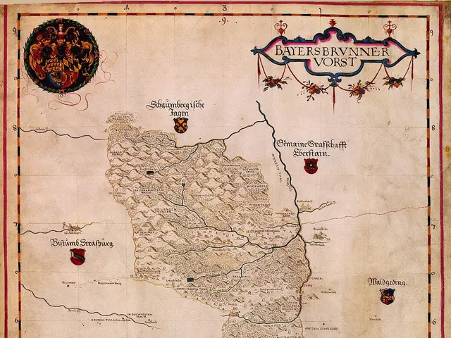The image shows a poster of a map of Bavaria from the 15th century, with text and logos. The map is...