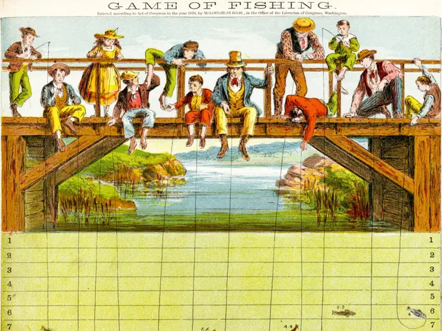 The image shows a group of people sitting on top of a wooden bridge, with a poster of a game of...