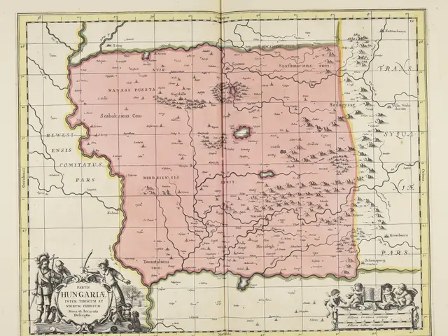 The image shows an old book with a map of Hungary in the center, surrounded by text and pictures of...