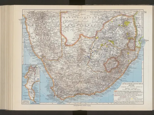 The image shows an open book with a map of South Africa on it. The map is detailed and shows the...