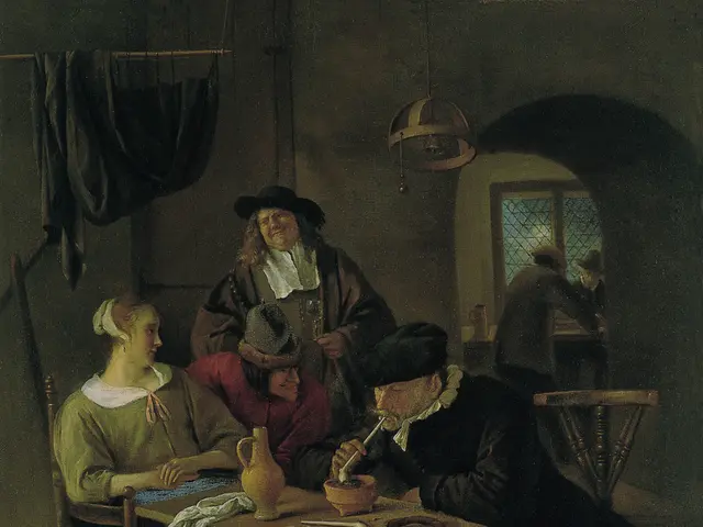 The image shows a painting of a group of people sitting around a table in a tavern. On the table...