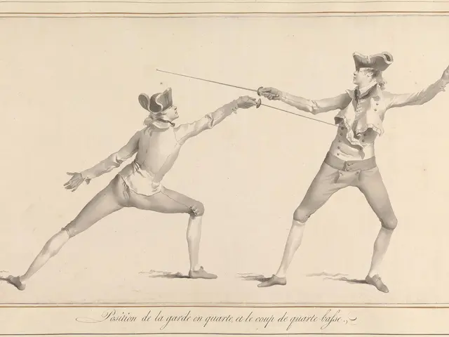 The image shows two men in cocked hats and tails, engaged in a fencing match. They are both holding...
