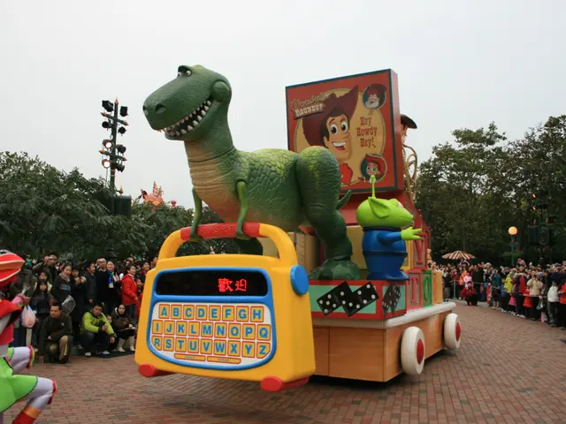 The image shows a toy story land parade at Disney's Hollywood Studios. There are people standing...