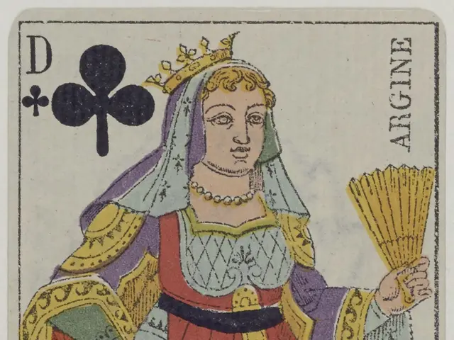 The image shows a woman in a red dress holding a fan, which is the Queen of Clubs playing card. She...