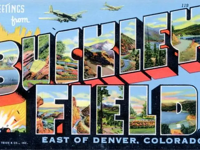 The image shows a postcard with the words "Greetings from Burley Field, East of Denver, Colorado"...