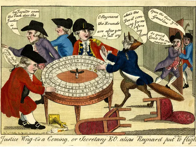The image shows a cartoon depicting a group of people playing a game of roulette, with a table in...