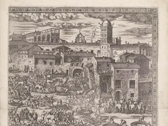 The image shows an engraving of a large crowd of people in a city, with buildings in the background...