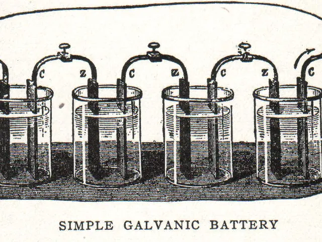The image shows a simple galvanic battery, consisting of several glass jars with text written on...
