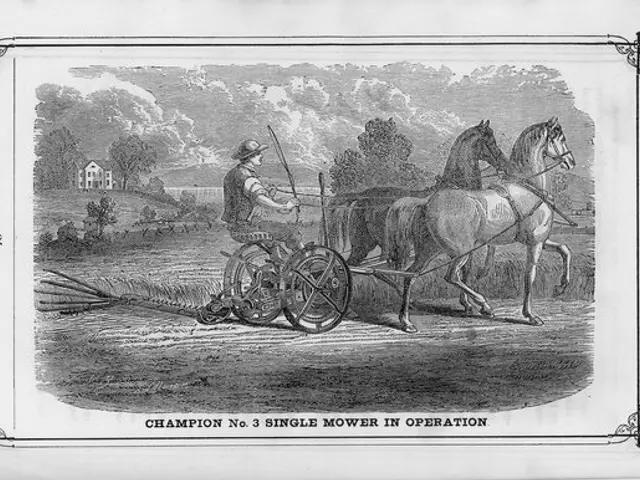 The image shows a man riding on a horse-drawn plow, with two horses pulling it. In the background,...