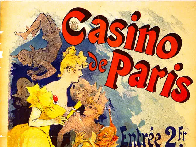 The image shows a poster advertising a casino in Paris, featuring a woman in the center surrounded...