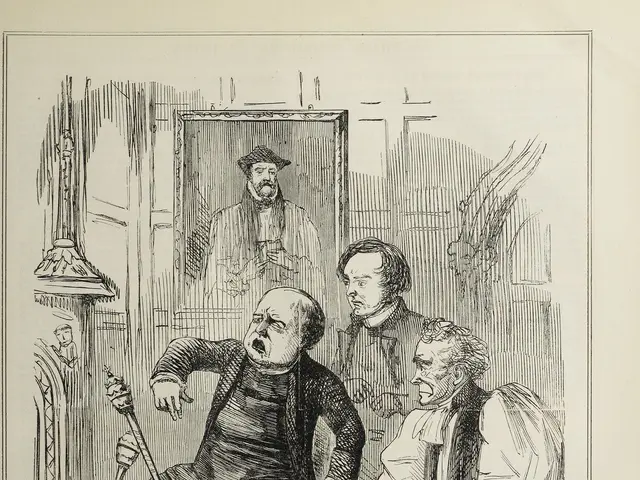 The image shows a paper with a drawing of three people, one of whom is holding a stick, with the...