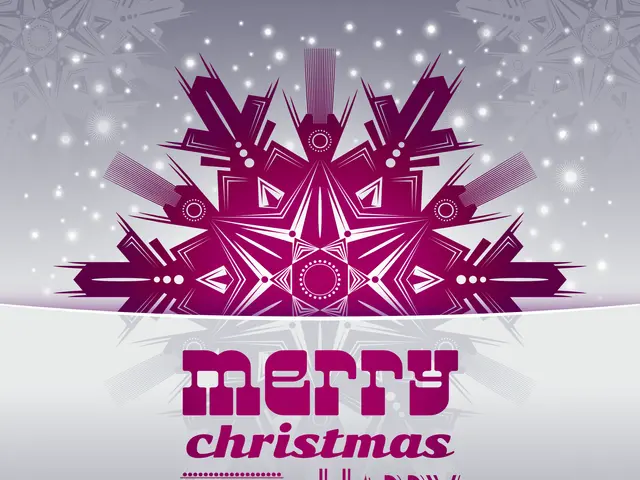 The image shows a festive greeting card with the words "Merry Christmas and a Happy New Year"...