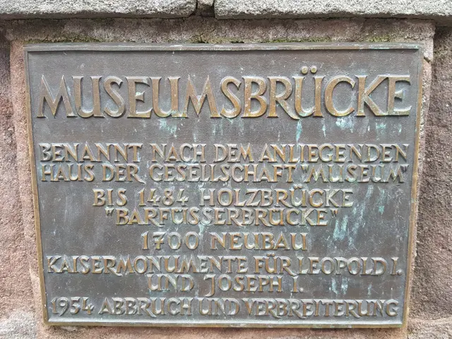 The image shows a plaque on the side of a stone building that reads "Museumsbrucke". The plaque is...