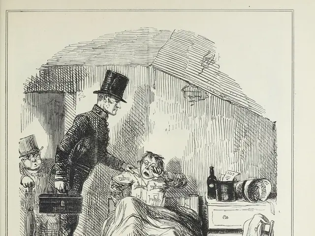 The image shows a paper with a drawing of a person sitting on a bed, a person standing and holding...