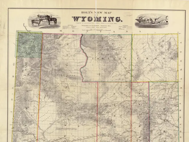 The image shows an old map of Wyoming, with text and pictures of horses on it. The map is from 1876...