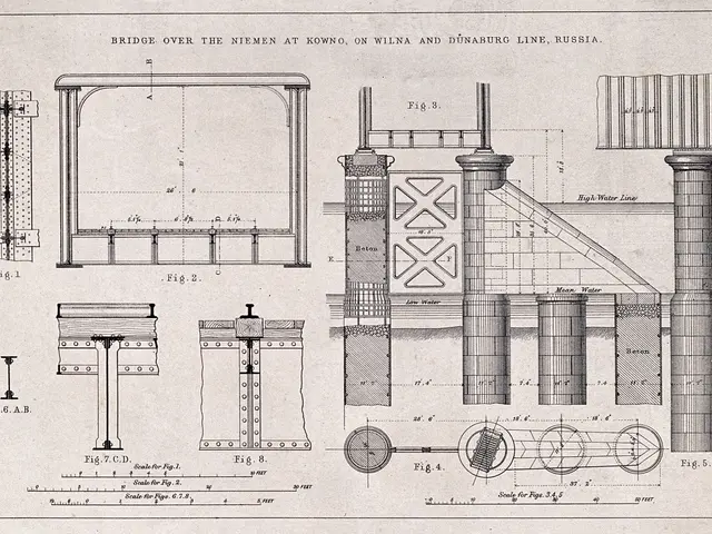 The image shows a drawing of a building with a lot of details, including a bridge over the Niemen...