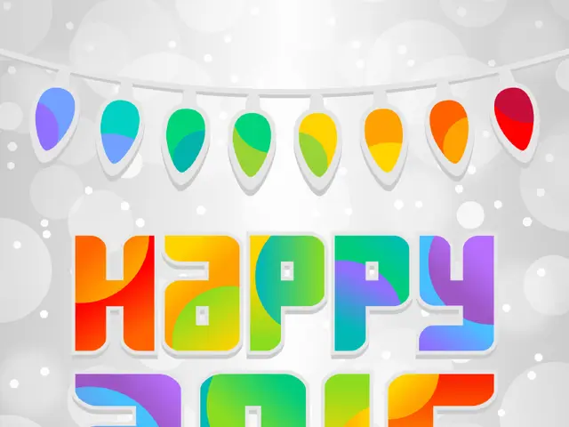The image shows a happy new year 2016 greeting card with colorful lights on a white background. The...
