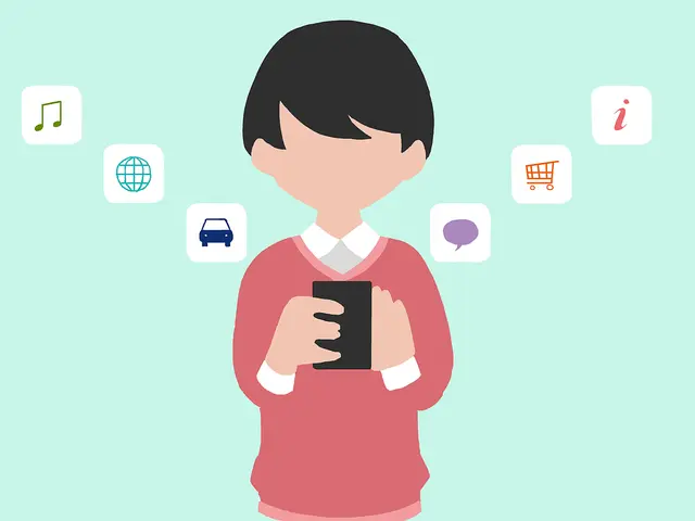 The image shows an animated person holding a smart phone with various icons coming out of it,...