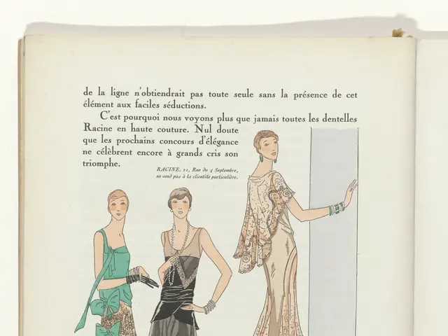 The image shows an open book with a drawing of three women in dresses from the 1920s. The book is...