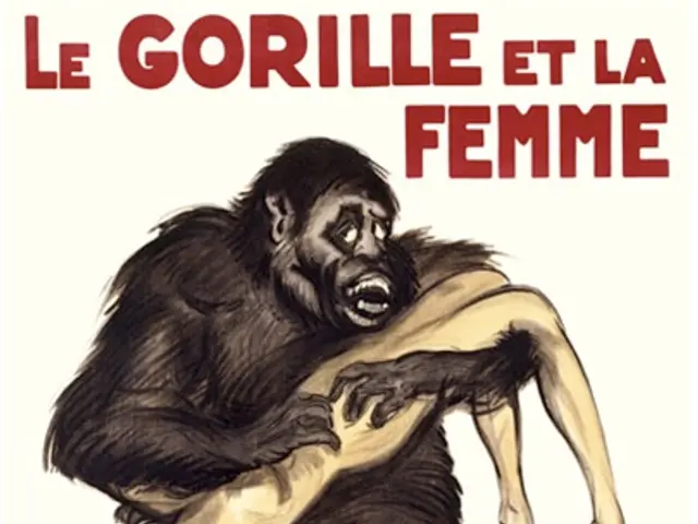 The image shows a poster advertising a casino in Paris featuring a gorilla and a woman. The poster...