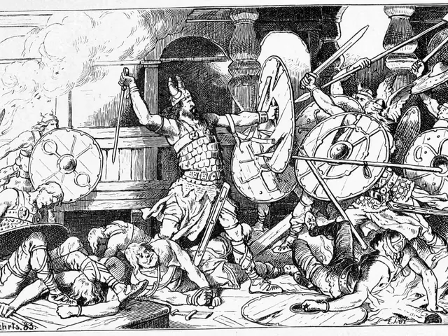 The image shows a black and white drawing of a group of men in armor, some of whom are holding...