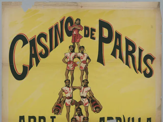 The image shows a poster advertising a casino in Paris, France. It features a group of people in...