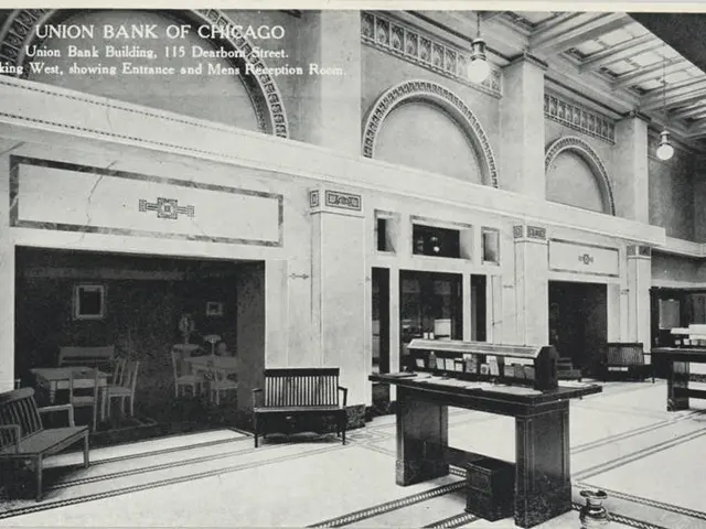 The image shows an old black and white photo of the lobby of the Union Bank of Chicago. It features...