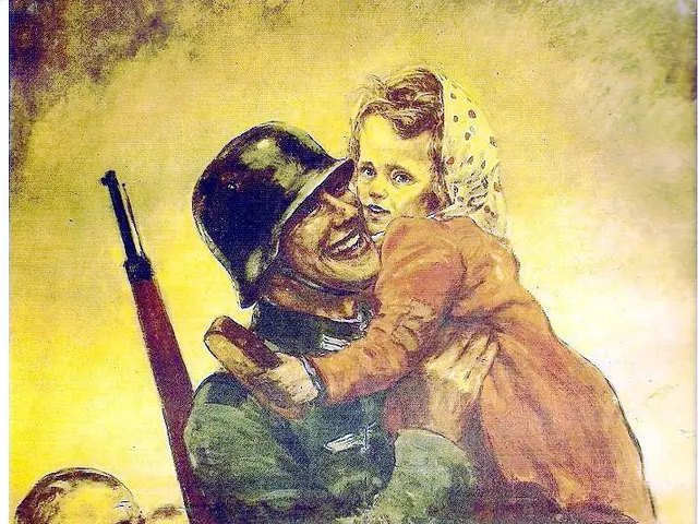 The image shows a Soviet propaganda poster depicting a soldier holding a child in his arms, with a...