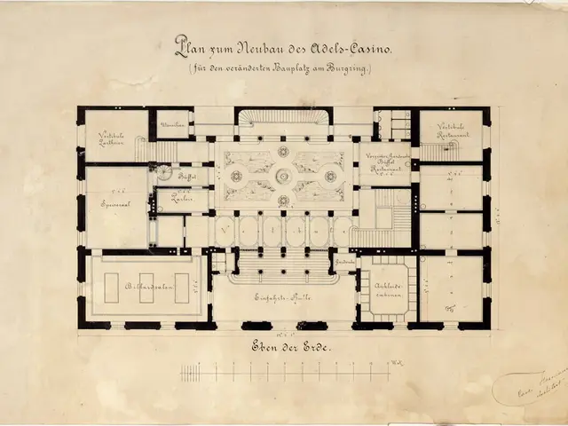 The image shows a drawing of a floor plan of a building with a lot of rooms, including a casino....