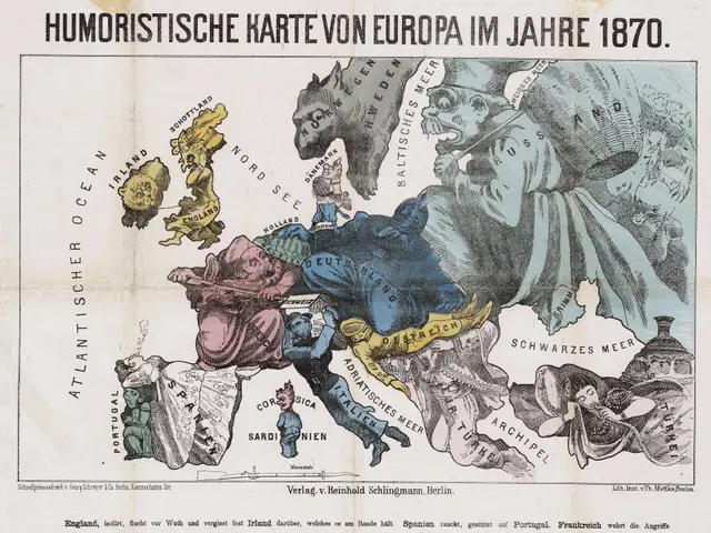 The image shows a poster with a map of Europe in the center, surrounded by cartoon images and text....