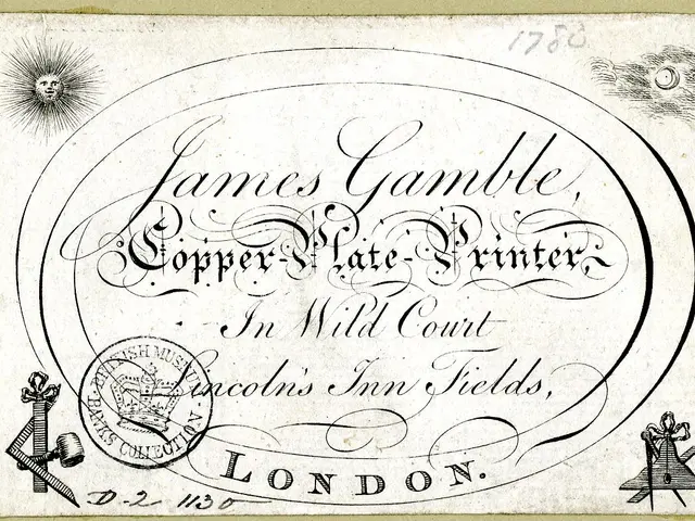 The image shows an old business card with a picture of James Gamble, a copper plate printer, on it....