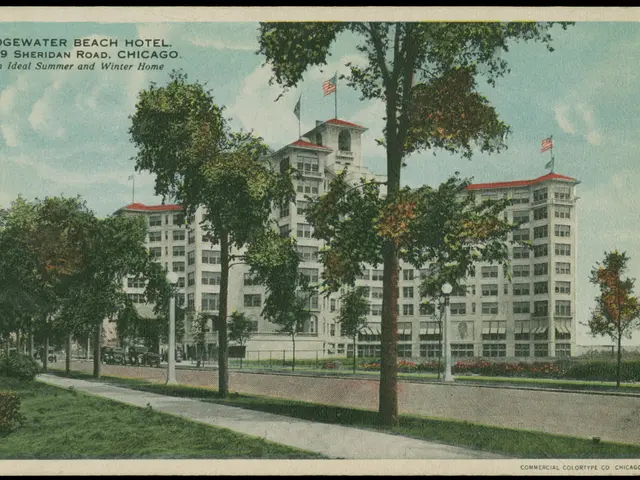 The image shows an old postcard of the Edgewater Beach Hotel in Chicago, Illinois. It features a...