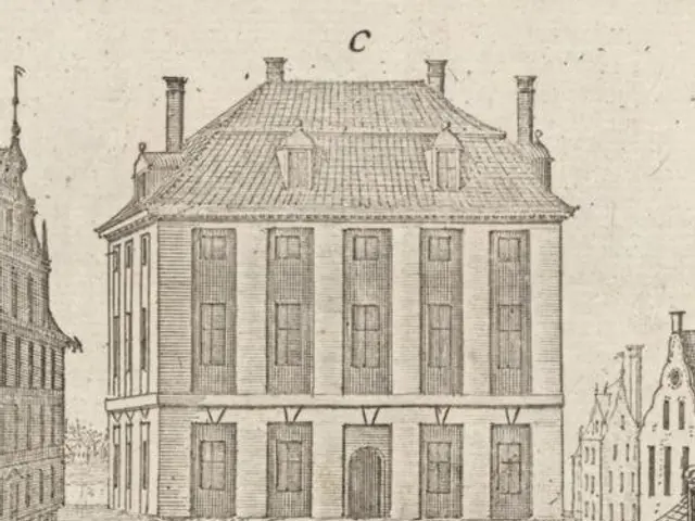 The image shows a drawing of a building with a clock tower in the middle of it, surrounded by other...