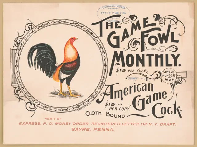 The image shows a paper with a picture of a rooster and the words "The Game Fowl Monthly - American...