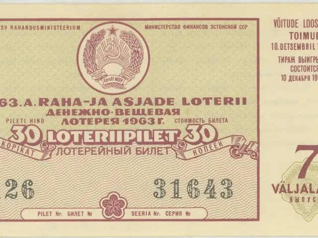 The image shows an old Russian lottery ticket with a picture of a man on it. The ticket has text,...