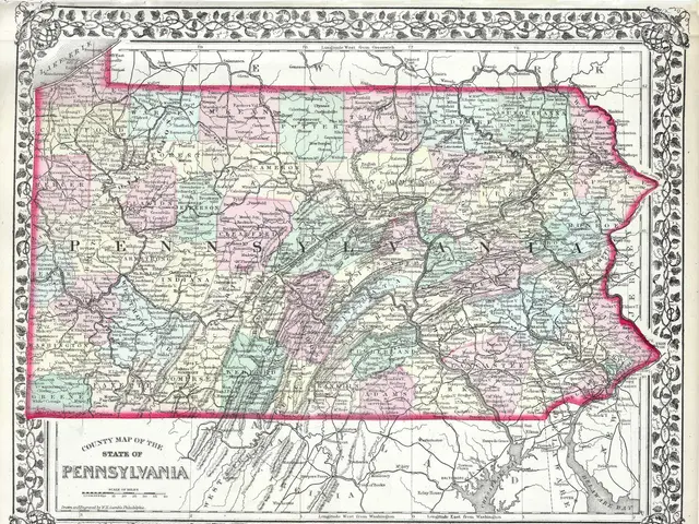 The image shows an old map of the state of Pennsylvania, with the counties of Pennsylvania clearly...