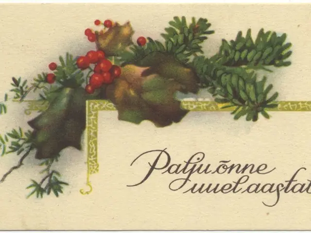 The image shows an old fashioned Christmas card with holly and berries on it. The card is decorated...