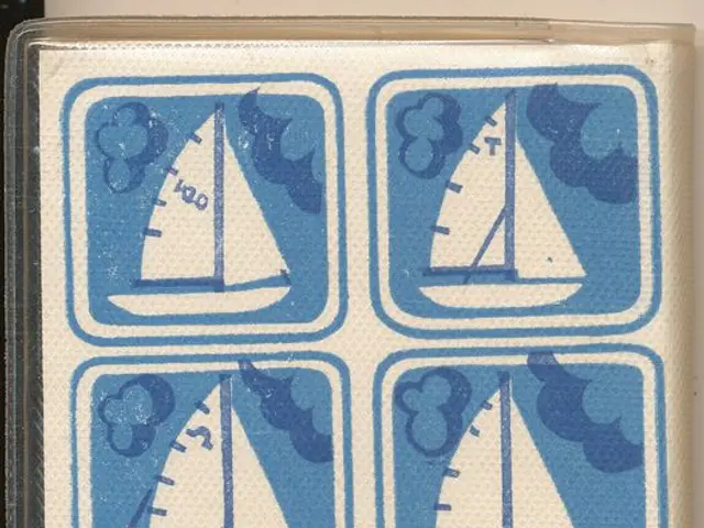 The image shows a tallinn playing card with a blue and white sailboat on it, set against a white...