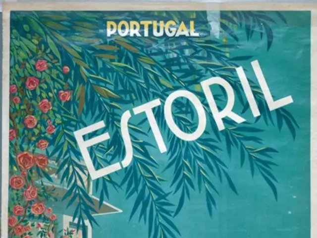 The image shows a poster advertising the Estoril Casino in Portugal. It features a vibrant array of...