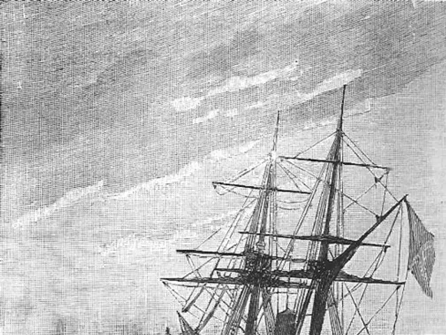 The image shows a black and white drawing of a ship in the water surrounded by icebergs, with...