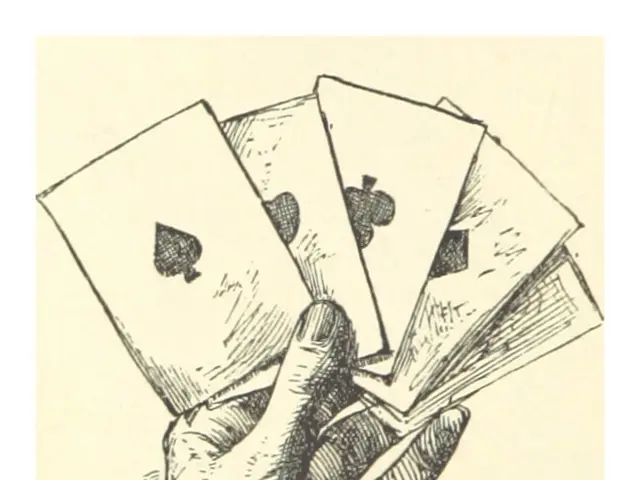 The image shows a drawing of a person's hand holding four aces of spades, with text at the bottom....