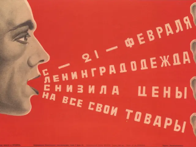 The image shows a Soviet propaganda poster with a man's face on it. The poster has text written on...