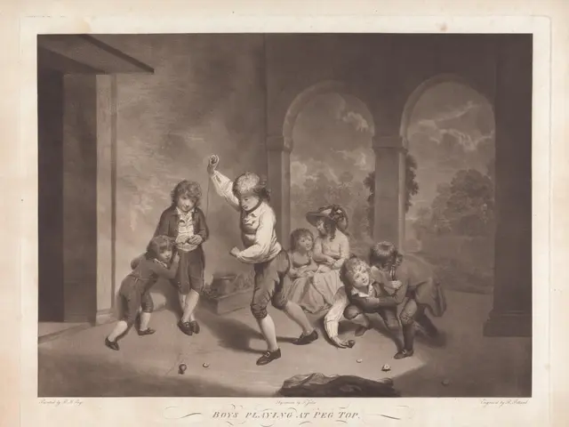 The image shows a group of children playing a game of pegs in a room with a wall, pillars, trees,...