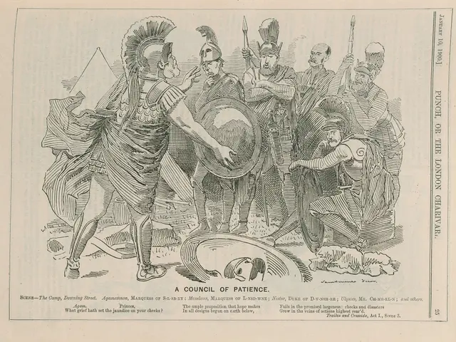 The image shows a paper with a drawing of a group of men in armor, some of whom are holding shields...