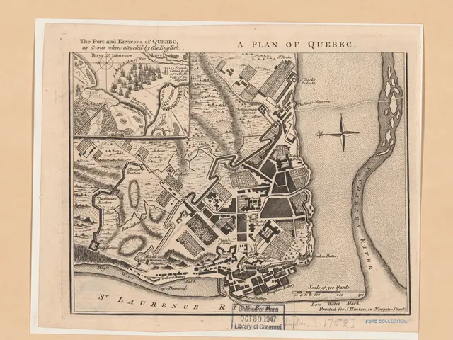 The image shows an old map of Quebec City, with the port and environs of the city clearly visible....