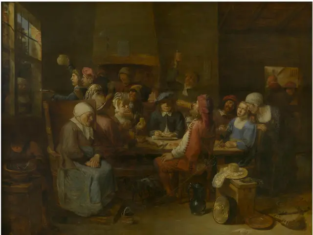 The image shows a painting of a tavern scene with a group of people sitting around a table, playing...